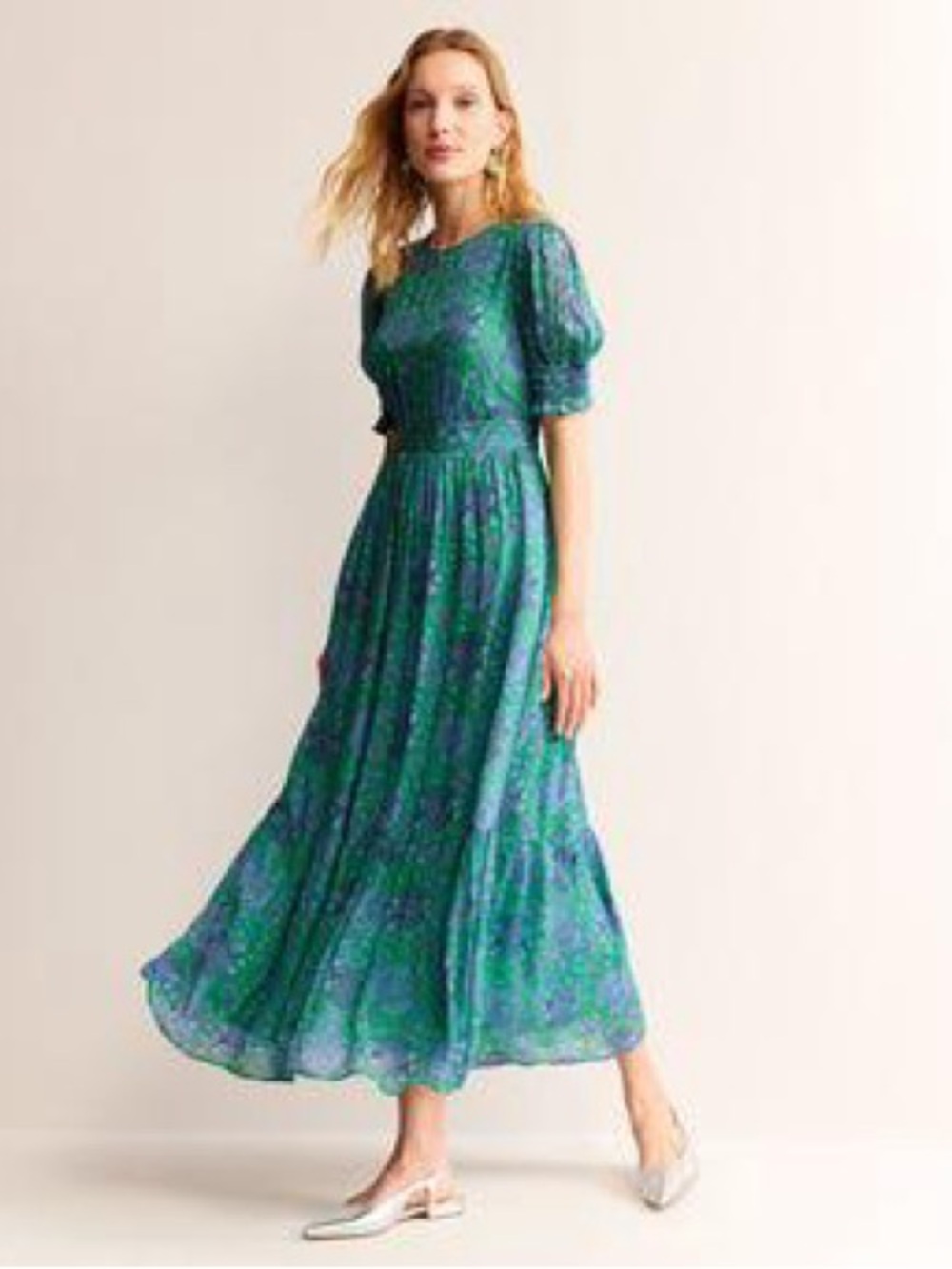 Boden Smocked Cuff Maxi Dress Ming Green Gardenia Swirl Size 8